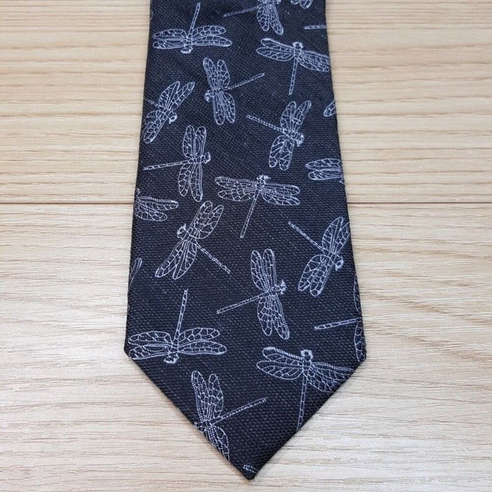 BAR III Mens Neck Tie Charcoal Grey Woven Dragonfly Slim Modern Necktie
